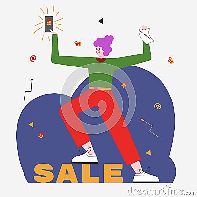 Sale of phones. Buy a phone as a gift. The girl advertises the phone with a discount. Vector illustration. Vector Illustration