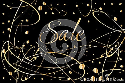 Sale poster design with black background, gold text, blot paint drops glitter Vector Illustration