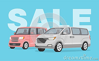 Sale poster design template with japanese kei car and korean van car. Vector Illustration