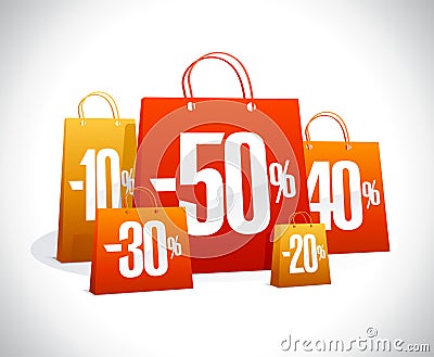 Sale poster, many paper shopping bags with percents Vector Illustration