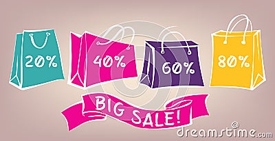 Sale poster in pop art style. Retro ribbon, colorful paper bags with white contour and discount percentages Stock Photo