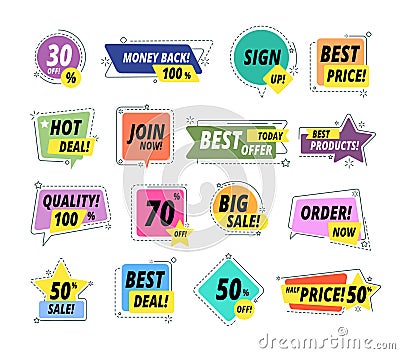 Sale promo badges. Guarantee labels. Promo sticker exclusive premium best pricing tag. Seller offer big sale vector set Vector Illustration
