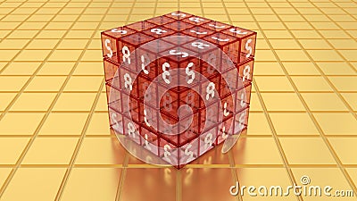 SALE Red Glass Magic Cube Box on Golden Floor Stock Photo