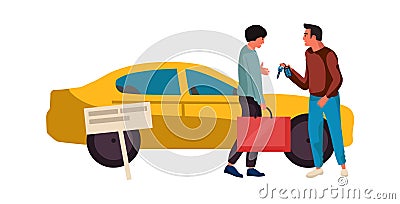 Sale or rent automobile. Agent sells vehicle. Dealer gives key to new auto owner. Car sharing service. People make deal Vector Illustration