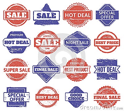 Sale rubber stamp. Vintage shopping discount badges, grunge texture sale, quality product stamps. Rubber distressed Cartoon Illustration