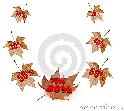 Sale sales autumn leaves falling isolated in white background 10 20 30 40 50 60 70 80 % per cent rend numbers Stock Photo