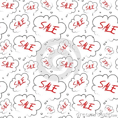 Sale Seamless Pattern Sketch Red Text In Cloud Ornament Grunge Background Design Vector Illustration