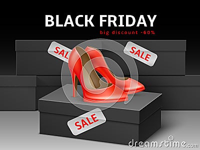 Sale shoes banner. Black friday discount advertising poster with classic female red footwear high heels, realistic box Vector Illustration