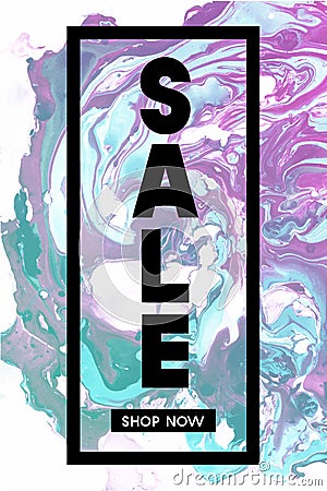 Sale. Shop Now. Black Typographic Banner Template with Pastel Marble Texture on White Background. Vertical Poster Design Vector Illustration