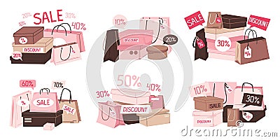 Sale shopping bag. Paper discount and special offer grocery bags for gifts purchases and presents. Shop stack containers Vector Illustration