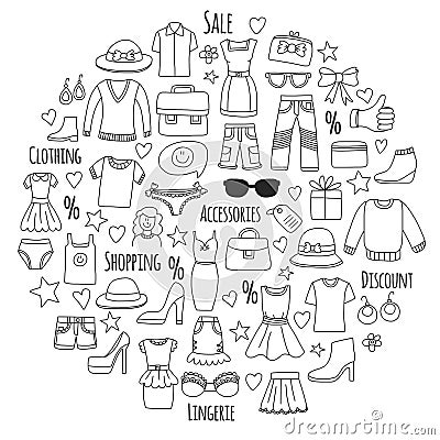 Sale Shopping Market Internet shop Discount Vector set of doodle icons for sale Vector Illustration