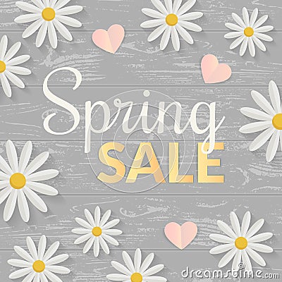 Sale sign with flat flowers over wooden table. Springtime concept. Vector illustration Vector Illustration