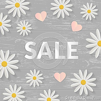 Sale sign with flat flowers over wooden table. Springtime concept. Vector illustration Vector Illustration