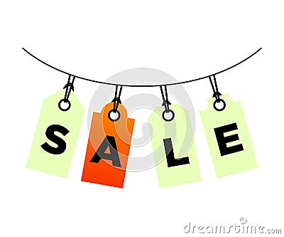 Sale signboard isolated on white background, orange labels suspended on ropes Vector Illustration