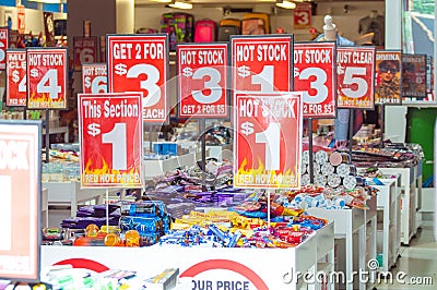 Sale signs in shop, big discounts Editorial Stock Photo