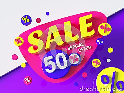 Sale special offer - 3d rendering concept advertising concept banner. Discount up to 50% off. Promotion creative layout. Bright Cartoon Illustration