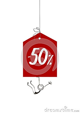 Sale tag -50% with a happy stick figure Vector Illustration
