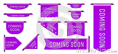 Sale tag ribbon coming soon promotion announcement set. Purple realistic three-dimensional badge Vector Illustration