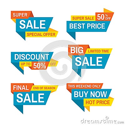 Sale tag vector badge design. Discount abstract sticker collection. Special offer, best price, buy now. Vector Illustration