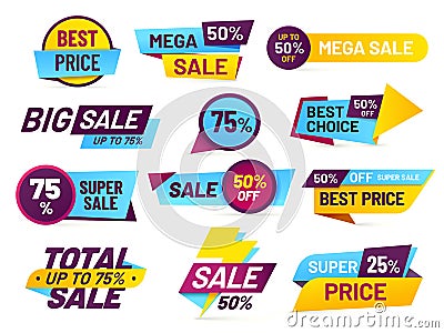Sale tags. Retail sales stickers, promotion price label and store pricing banner sticker isolated vector set Vector Illustration
