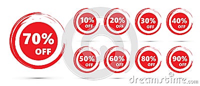 Sale tags set vector badges template, up to 10, 20, 30, 40, 50, 60, 70, 80, 90percent off. Red price sticker vector. Stock Photo