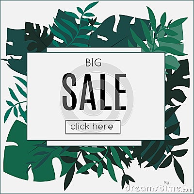 Sale Tropic banner. Design template. Tropical leaves frame with blank space paper. Advertisement, flyer, background Vector Illustration
