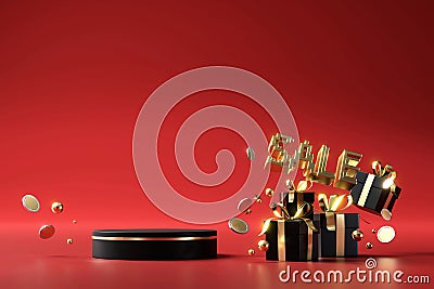 Sale typhographic with coin, gift boxes and podium 3d rendering background shopping concept Stock Photo