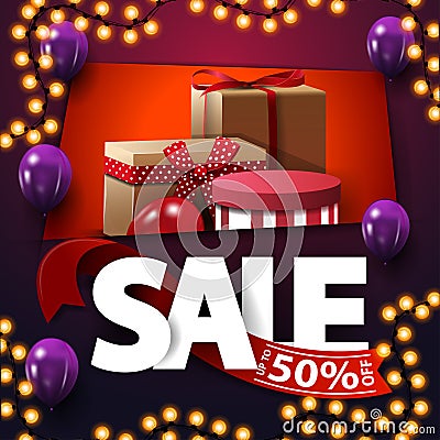 Sale, up to 50% off, square purple discount banner with large letters and gift boxes Vector Illustration