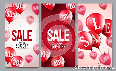 Sale vector balloons poster set. Collections of flying balloons with 50 percent off Vector Illustration