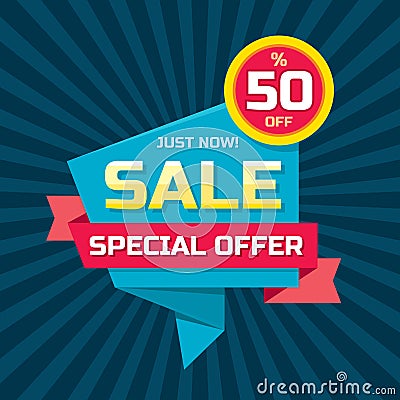 Sale vector origami concept banner template - special offer 50% off. Abstract background. Discount design layout. Sticker creative Vector Illustration