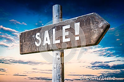 Sale! - wooden signpost, roadsign with one arrow Stock Photo