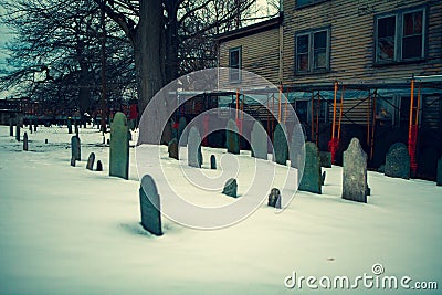 Salem, USA- March 03, 2019: The Burying Point Cemetery, also known as Charter Street Cemetery, dates back to at least 1637. A Editorial Stock Photo