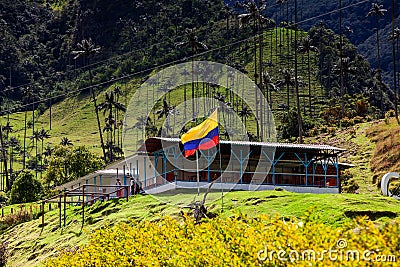 Traditional house at the beautiful cloud forest and the Quindio Wax Palms at the Cocora Valley Editorial Stock Photo