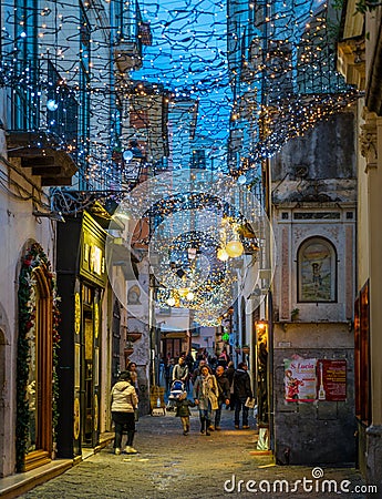 The amazing `Luci d`Artista` artist lights in Salerno during Christmas time, Campania, Italy. Editorial Stock Photo