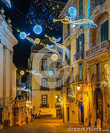 The amazing `Luci d`Artista` artist lights in Salerno during Christmas time, Campania, Italy. Editorial Stock Photo
