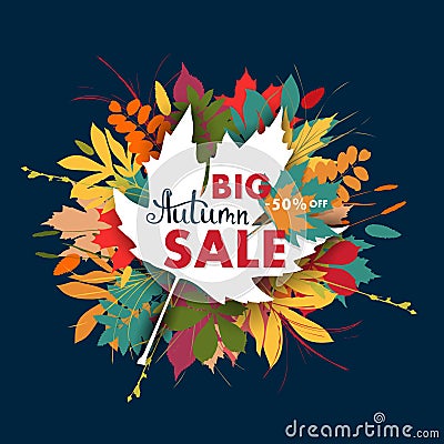 Sales banner with multicolor autumn leaves. Vector Vector Illustration