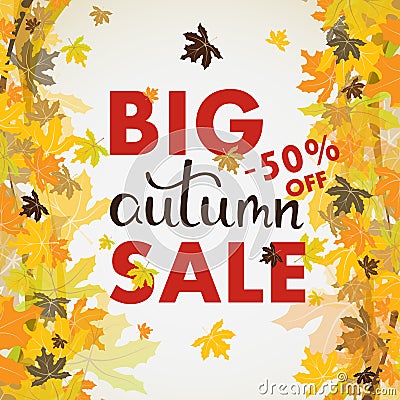 Sales banner with multicolor autumn leaves. Vector Vector Illustration