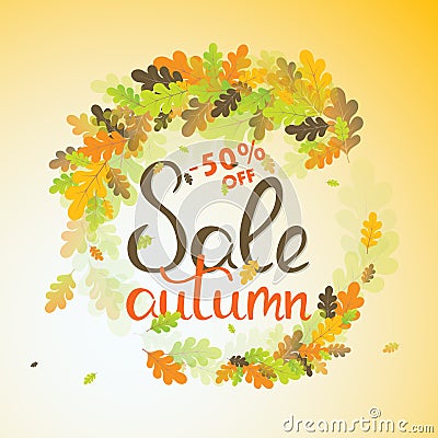 Sales banner with multicolor autumn leaves. Vector Vector Illustration