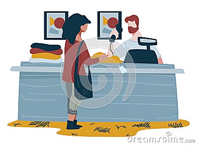 Sales clerk at shopping counter and woman buying clothes at fashion store Vector Illustration