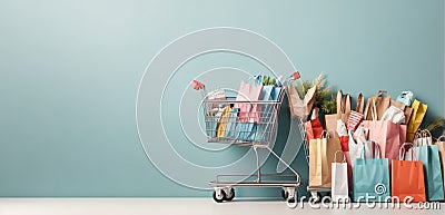 Sales. Flat background with a full supermarket cart and many shopping bags Stock Photo