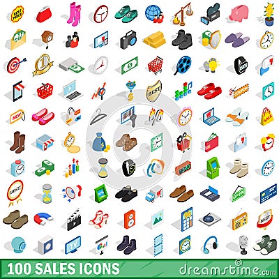 100 sales icons set, isometric 3d style Vector Illustration