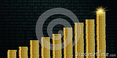 Sales increase coins on binary code background finance concept Vector Illustration