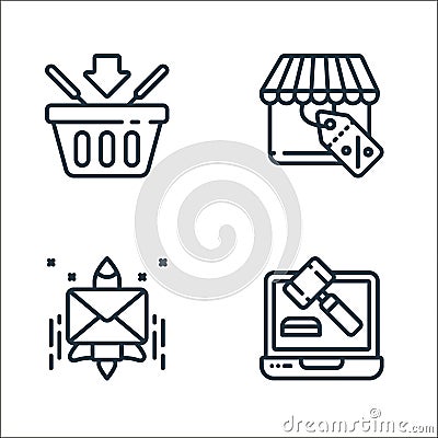 sales line icons. linear set. quality vector line set such as auction, email, sale Vector Illustration