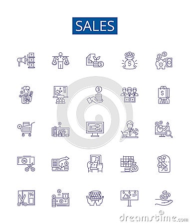 Sales line icons signs set. Design collection of Sales, Merchandising, Profits, Purchasing, Retailing, Marketability Vector Illustration