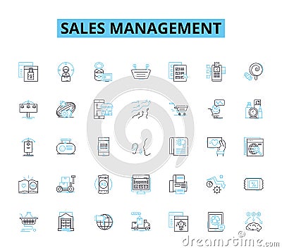 Sales management linear icons set. Prospecting, Pipeline, Forecasting, Territory, Metrics, Training, Performance line Vector Illustration