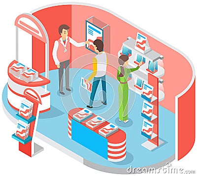 Sales manager communicates with buyer and offers to buy tablet in store of modern gadgets Vector Illustration