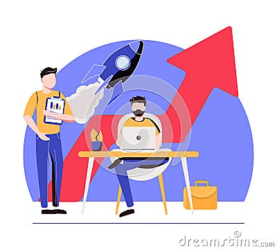 Sales managers with laptops and growth chart. Sales growth and manager, accounting, sales promotion and operations concept on Cartoon Illustration