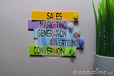 Sales, Marketing, Generation, Advertising, Conversio LEADS text on sticky notes isolated on office desk Stock Photo