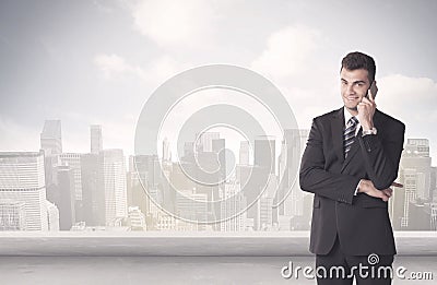 Sales person talking in front of city scape Stock Photo