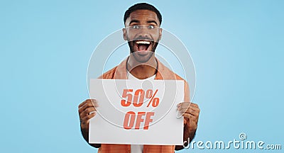 Sales poster, happy man or surprise discount offer, studio promo banner and advertising brand, info or service Stock Photo